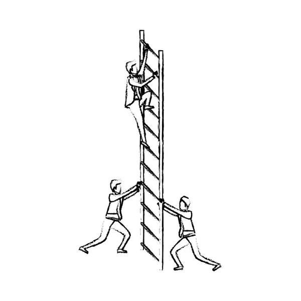 Hombres de negocios subir escaleras de madera silueta borrosa monocromo — Vector de stock