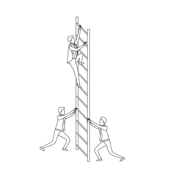 Hombres de negocios subir escaleras de madera silueta monocromática punteada — Vector de stock