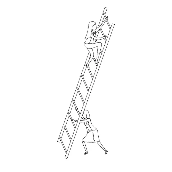 Mujer de negocios escalando escaleras de madera silueta monocromática punteada — Vector de stock