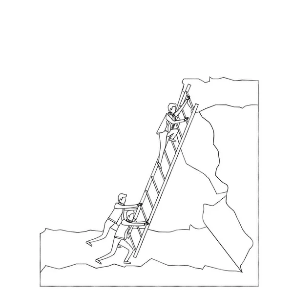 Hombres de negocios tratando de subir escaleras a la cima del paisaje de roca silueta monocromática punteada — Vector de stock