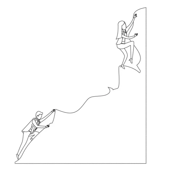 Iş kadını ve kaya tek renkli siluet noktalı tepesine tırmanmaya çalışan adam — Stok Vektör