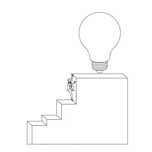 Hombre de negocios escalando la estructura del bloque de escaleras con bombilla en la silueta monocromática superior punteada — Vector de stock