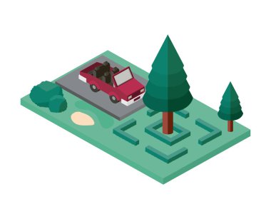 araba park ve ağaçlar sahne izometrik simgesi