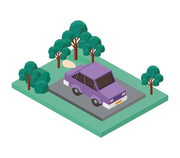 Parcheggio auto e alberi scena icona isometrica — Vettoriale Stock