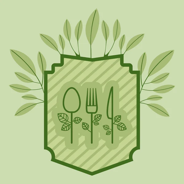Rahmen mit Blättern und Besteck gesunde Nahrung — Stockvektor