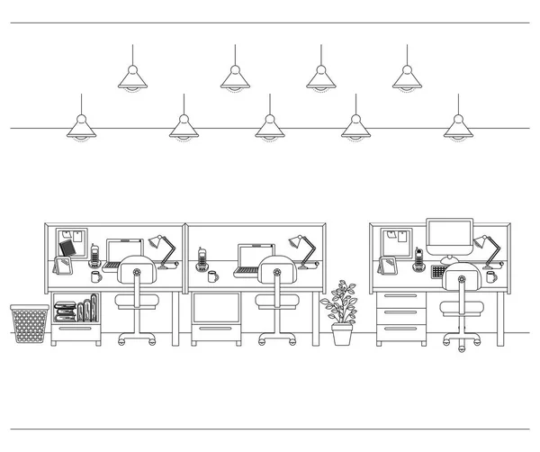 Icônes lieu de travail bureau scène — Image vectorielle