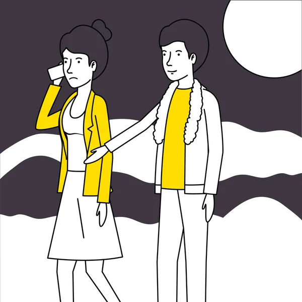 Amoureux couple avec des vêtements jaunes — Image vectorielle
