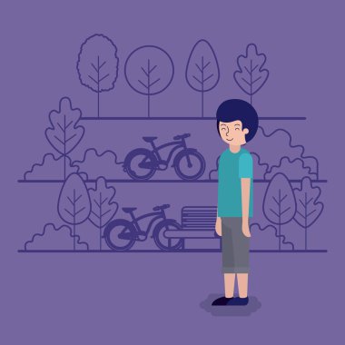 adam sandalye ve bisiklet park sahnesinde