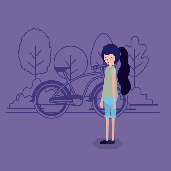 Mujer en la escena del parque con bicicleta — Vector de stock