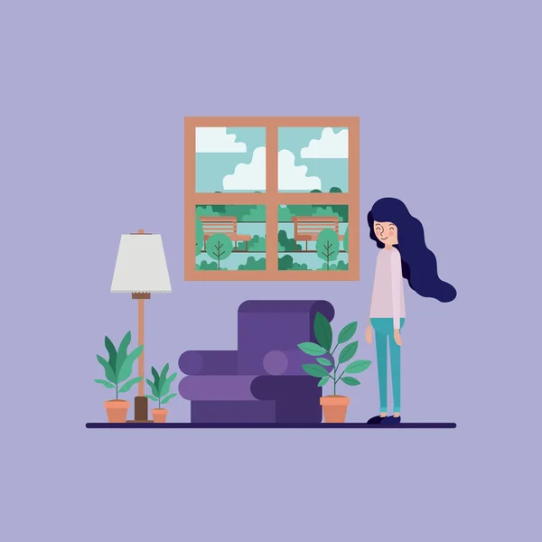 Žena v obývacím pokoji s pokojové rostliny a svítilnou — Stockový vektor