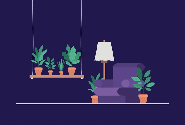 Sala de estar com plantas de sala e lâmpada — Vetor de Stock