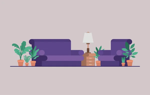 Salon avec plantes d'intérieur et lampe — Image vectorielle
