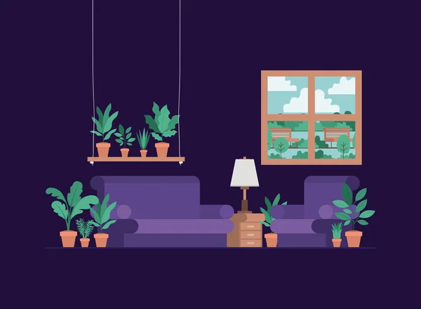 Sala de estar com plantas de sala e lâmpada — Vetor de Stock