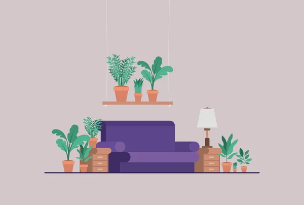 Sala de estar com plantas de sala e lâmpada —  Vetores de Stock