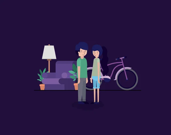 Pareja en la sala de estar con plantas de interior y bicicleta — Vector de stock