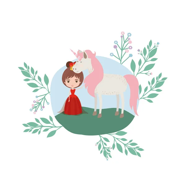 Princesa con unicornio en el campamento — Vector de stock