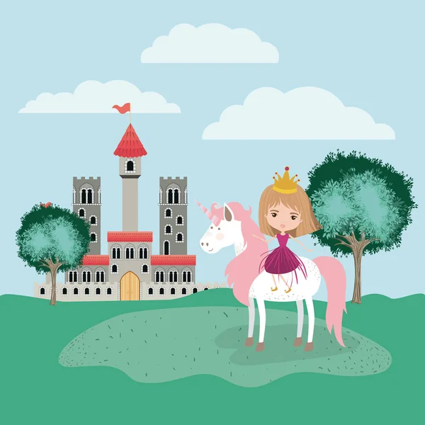 Princesa con unicornio en el campamento y el castillo — Archivo Imágenes Vectoriales