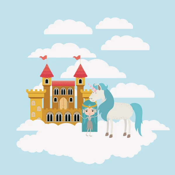 Fée avec licorne dans les nuages et le château — Image vectorielle