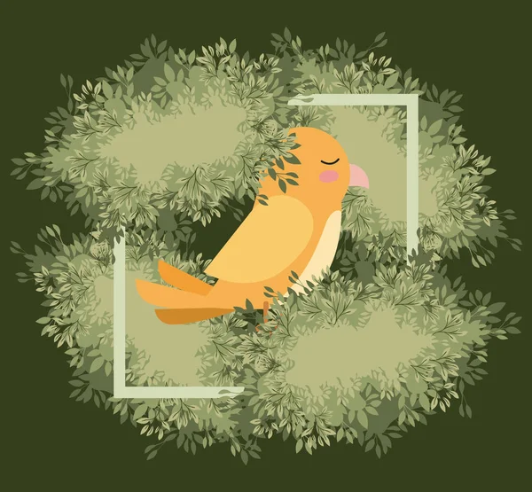 Χαριτωμένο κίτρινο πουλί στο δάσος τοπίο σκηνή — Διανυσματικό Αρχείο