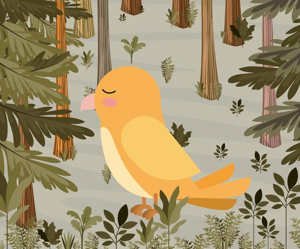 Cute yellow bird in forest scape scene — Stock Vector