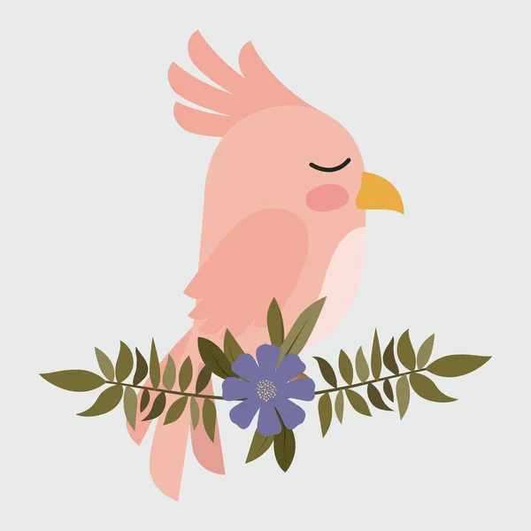 Pássaro rosa bonito no ramo com flor — Vetor de Stock
