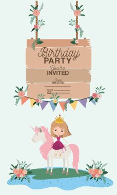 Tek boynuzlu at ve etiket ahşap davetiye ile Prenses