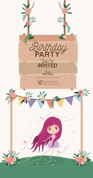 Fairy with wooden label invitation card — Stock Vector