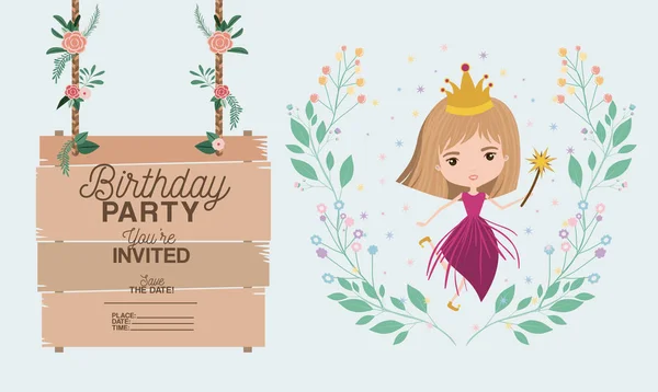 Princess with wooden label invitation card — Stock Vector