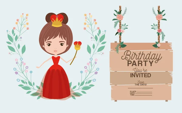 Princess with wooden label invitation card — Stock Vector