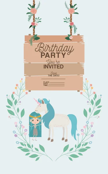Fairy with unicorn and label wooden invitation card — Stock Vector