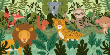 group of animals in the forest scene clipart