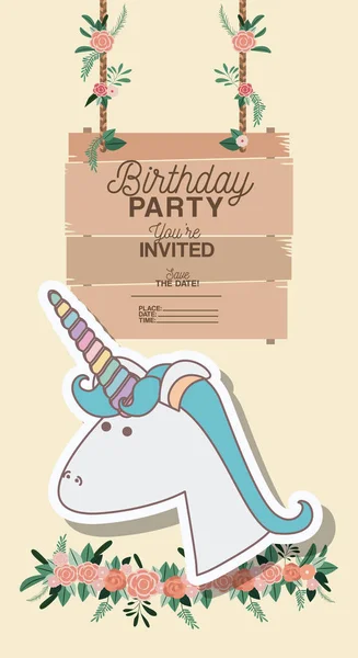 Invited birthday party card with unicorn — Stock Vector