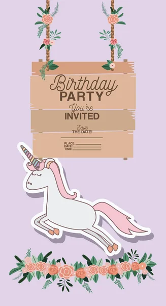 Cartão de festa de aniversário convidado com unicórnio —  Vetores de Stock