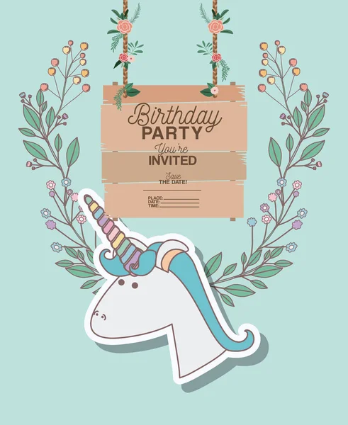 Invited birthday party card with unicorn — Stock Vector