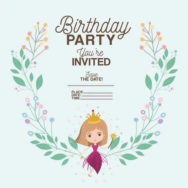 Princesse avec carte d'invitation à la décoration florale — Image vectorielle