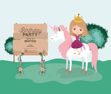 doğum günü partisi kartı tek boynuzlu at ve Prenses ile davet