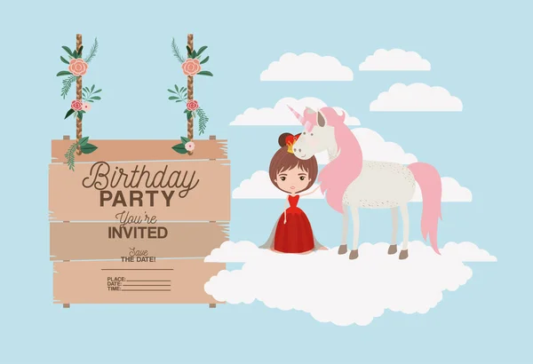Inbjuden part födelsedagskort med unicorn och prinsessan — Stock vektor