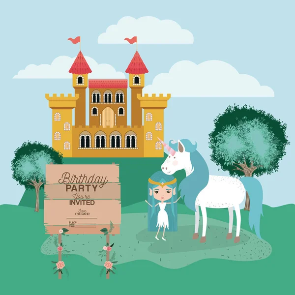 Biglietto di compleanno invitato con unicorno e fata — Vettoriale Stock