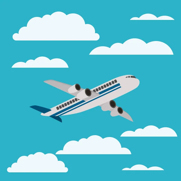 Літак літає з хмарним пейзажем — стоковий вектор