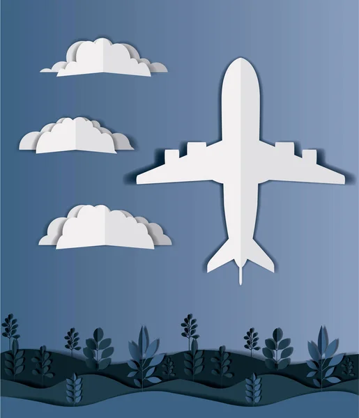 Avião voando com nuvens e paisagem — Vetor de Stock
