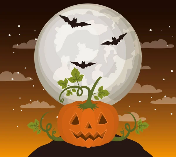 Cartolina di Halloween con zucca nella scena buia della notte — Vettoriale Stock