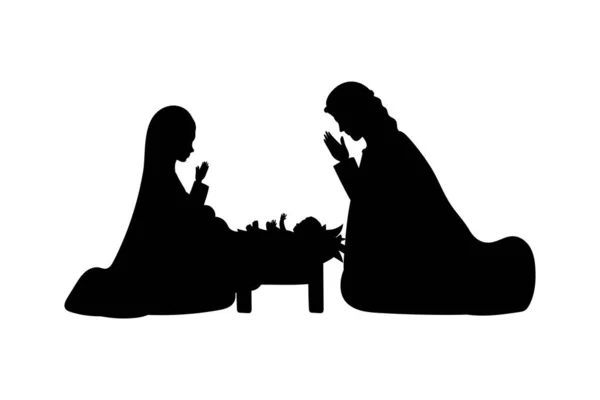 Mignon saint famille silhouette mangeoire personnages — Image vectorielle