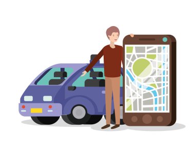 Akıllı telefonu ve GPS uygulaması olan genç bir adam.
