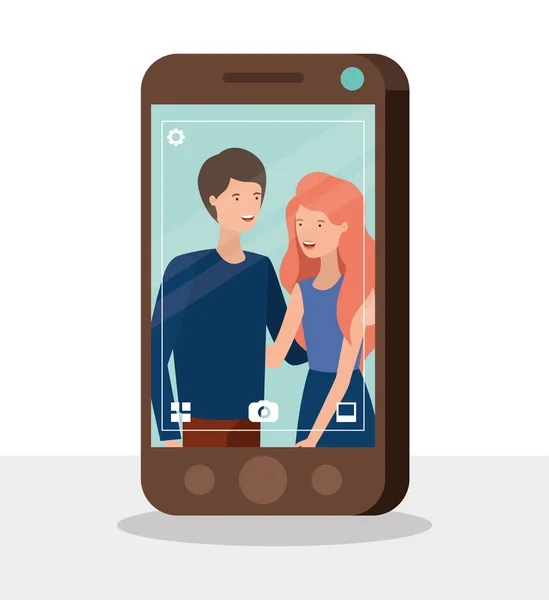 Молодая пара в персонажах смартфона — стоковый вектор