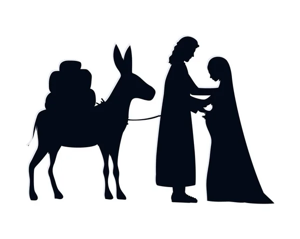 Santo Joseph y María virgen en mula pesebre caracteres — Vector de stock
