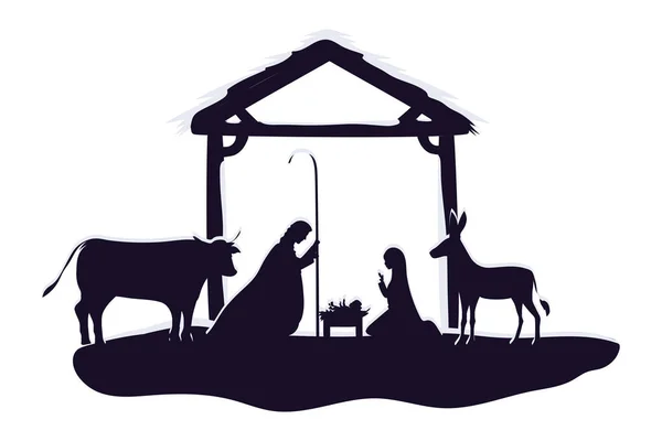 Familia santa en establo con animales pesebre personajes — Vector de stock