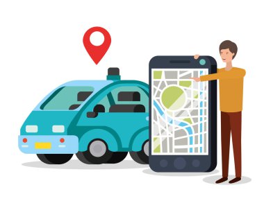 Akıllı telefonu ve GPS uygulaması olan genç bir adam.