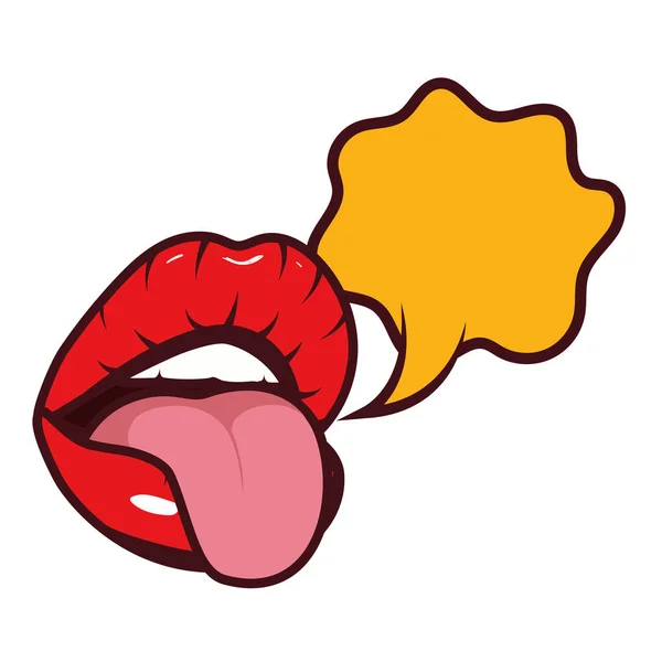 Sexy woman mouth with tongue out and speech bubble pop art style — Stock Vector