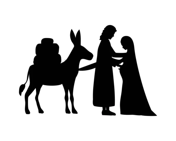 Marie et Marie vierge dans les silhouettes mulets mangeoire personnages — Image vectorielle