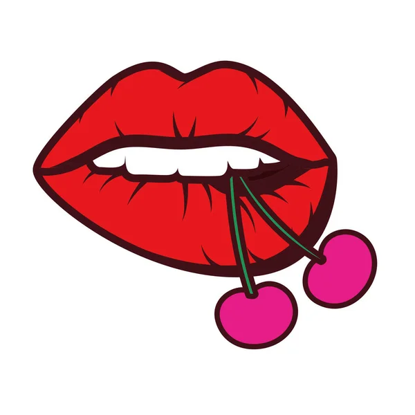 Vers fruit kersen met sexy mond van vrouw pop art stijl — Stockvector